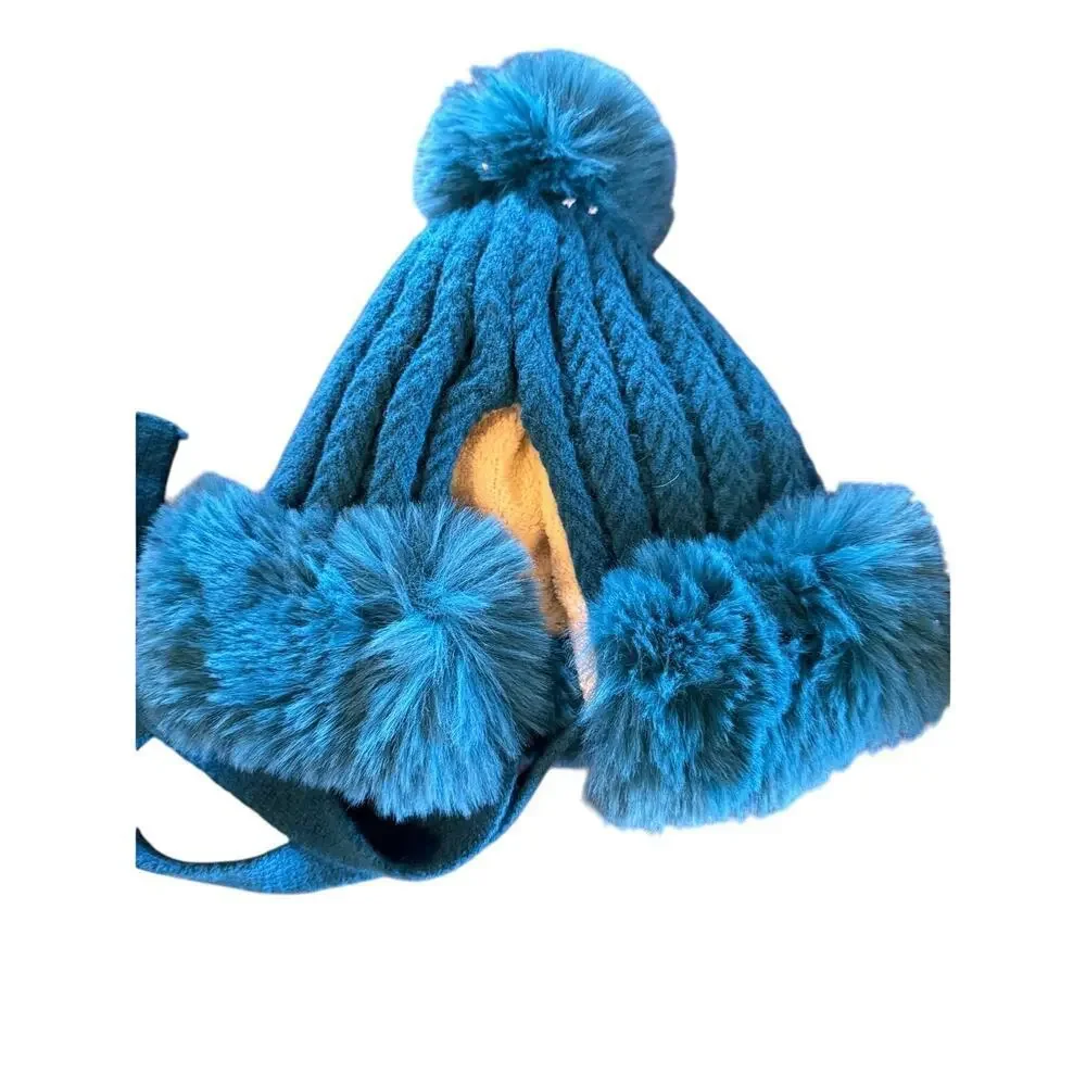 Teal Faux Fur Animal Ear Winter Hat with Chin Ties – Plush Cozy Cold Weather Cap - Picture 4 of 8